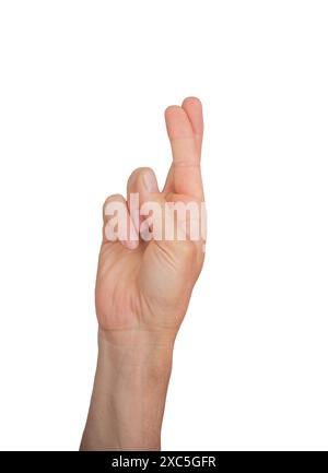 Finger gekreuzt, um Glück zu haben, liege isolierte Hand, die im Aberglauben liegt. Menschen, die Vertrauen zeigen, Glücksgeste im Hintergrund der Hoffnung. Konzeptschild Lügner, W Stockfoto