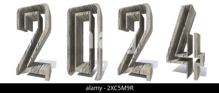 Konzept oder Konzept 2024 Jahre aus Holz oder Holzschriftart isoliert auf weißem Hintergrund. Eine abstrakte 3D-Illustration als Metapher für die Zukunft, Visi Stockfoto