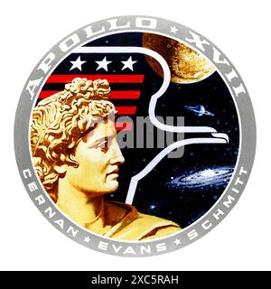 Apollo 17 bemannte Mondlandungsmission 1972 Insignien mit dem griechischen Sonnengott Apollo. Das Design wurde von dem Künstler Robert McCall unter Mitwirkung der Crew Eugene Cernan, Ronald Evans und Harrison Schmitt gestaltet. Stockfoto