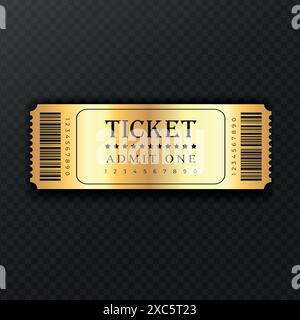 Abstrakte Vorlage für goldene Tickets auf dunklem, transparentem Hintergrund. Festival, Kino, Theater, Konzert, Casino, Zirkus, Event Golden Ticket mit Barcode, Stock Vektor
