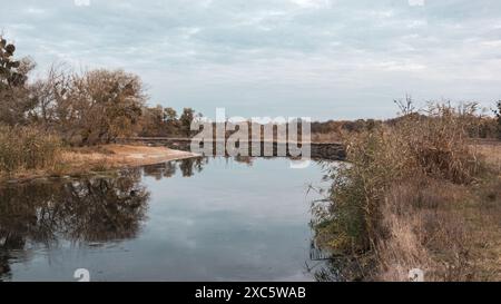 Der Fluss Siwerskyi Donets wendet sich in der Ukraine mit herbstlicher Natur und bewölktem Himmel Stockfoto
