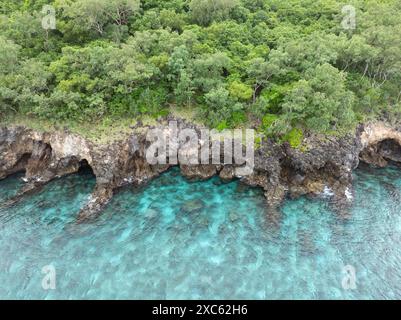 Aus der Luft betrachtet wächst ein vielfältiges Korallenriff bis zur zerklüfteten und malerischen Küste einer abgelegenen Kalksteininsel in Indonesien. Stockfoto