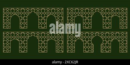 Arabische Moschee Mauer, Fenster, Bogen, Tor. Dekorativer goldener Zierbogen, Tür. Linienvektormuster. Stock Vektor