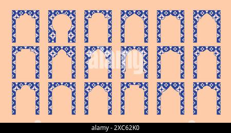 Fenster der arabischen Moschee, Bogen, Tor. Dekorative mediterrane Fliesen, dekorativer Bogen, Tür. Linienvektormuster. Stock Vektor