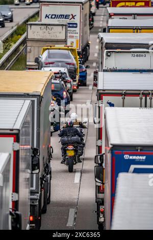 Motorradfahrer drängen sich in der Fahrbahnmitte zwischen den Fahrzeugen vorbei, bei einem 9 km langer Stau auf der Autobahn A40 in Richtung Osten, zwischen der Niederländischen Grenze bei Venlo, vor der Anschlussstelle Wankum, wegen einer Baustelle, Verkehrsführung auf eine Spur, viele LKW im Stau, NRW, Deutschland, Autobahnstau *** Motorradfahrer quetschen mitten auf der Straße zwischen den Fahrzeugen vorbei, in einem 9 km langen Stau auf der Autobahn A40 in östlicher Richtung, zwischen der niederländischen Grenze bei Venlo, vor der Kreuzung Wankum, wegen einer Baustelle, Verkehrsführung auf eine Spur, viele LKW Stockfoto