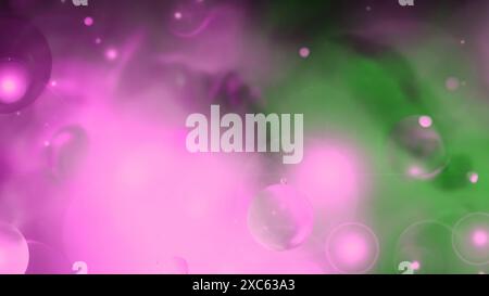 Abstrakte 3D-Hintergrundblasen in grünen rosafarbenen Tönen. Verzerrung in Wasser mit Öltropfen mit Linseneffekt. Verlauf, Bokeh. Stockfoto