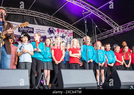 Falmouth, Cornwall, 14. Juni 2024, das Falmouth International Sea Shanty Festival ist das ganze Wochenende über im Gange. Riesige Menschenmassen waren anwesend, um all die SEA Shanty's zu beobachten und zu hören Will Keating besuchte und spielte auf der Bühne zusammen mit den Kindern der Falmouth Primary School und lehrte ihnen, wie man auf Cornish bis zehn zählt. Quelle: Keith Larby/Alamy Live News Stockfoto