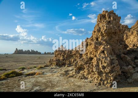 Alte Steinschornsteine Mineralgesteinsformationen auf dem getrockneten Boden des Salzsees Abbe, Dikhil Region, Dschibuti Stockfoto