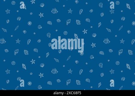 Unterwasser nahtloses Muster mit Muscheln Linie Kunst Illustrationen in weißer Farbe auf blauem Hintergrund. Meeresmuscheln, Seesterne-Spiralmollusken. Elemente Stock Vektor