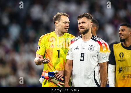 München, Deutschland. Juni 2024. München, 14. Juni 2024 MÜNCHEN, DEUTSCHLAND - 14. JUNI: Manuel neuer und Niclas Fuellkrug feiern nach dem Eröffnungsspiel der UEFA Euro 2024-Meisterschaft zwischen Deutschland und Schottland am 14. Juni 2024 in München. (Foto: Dan O' Connor/ATPImages) Dan O' Connor (Dan O' Connor/ATP Images/SPP) Credit: SPP Sport Press Photo. /Alamy Live News Stockfoto