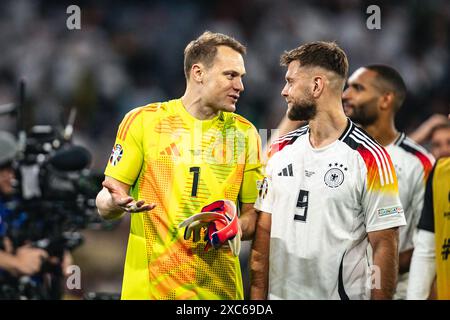 München, Deutschland. Juni 2024. München, 14. Juni 2024 MÜNCHEN, DEUTSCHLAND - 14. JUNI: Manuel neuer und Niclas Fuellkrug feiern nach dem Eröffnungsspiel der UEFA Euro 2024-Meisterschaft zwischen Deutschland und Schottland am 14. Juni 2024 in München. (Foto: Dan O' Connor/ATPImages) Dan O' Connor (Dan O' Connor/ATP Images/SPP) Credit: SPP Sport Press Photo. /Alamy Live News Stockfoto