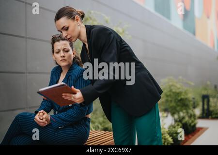 Zwei Geschäftsfrauen diskutieren das Projekt im Freien, eine sitzt und rezensiert es mit einem Tablet Stockfoto