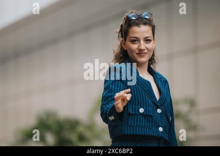 Selbstbewusste Geschäftsfrau zeigt und lächelt im Freien in professioneller Kleidung Stockfoto