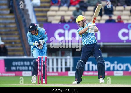 Sam Hain im Einsatz mit der Fledermaus, die am 14. Juni 2024 in Birmingham während des Vitality Blast-Spiels zwischen Warwickshire Bears und Yorkshire Viking eingenommen wurde Stockfoto