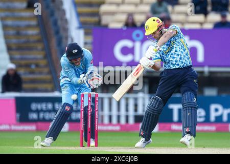 Sam Hain im Einsatz mit der Fledermaus, die am 14. Juni 2024 in Birmingham während des Vitality Blast-Spiels zwischen Warwickshire Bears und Yorkshire Viking eingenommen wurde Stockfoto