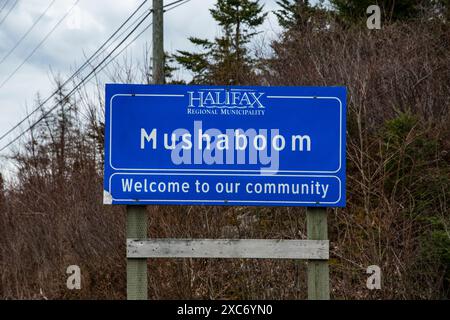 Willkommen im Mushaboom-Schild am Highway 7 in Nova Scotia, Kanada Stockfoto