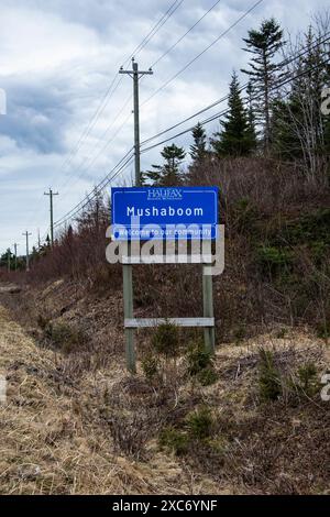 Willkommen im Mushaboom-Schild am Highway 7 in Nova Scotia, Kanada Stockfoto