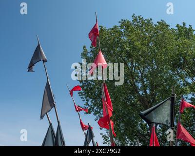 Mehrere rote Fahnen winken neben einem Baum unter einem klaren blauen Himmel, ahrenshoop, zingst, deutschland Stockfoto