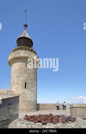 Plattform der Tour de Constance und zwei Touristen, Metallgitter, Burgbrunnen, befestigter Wehrturm, historische Stadtbefestigung, Orientierungspunkt Stockfoto