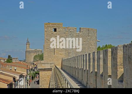 Historische Stadtbefestigungen mit Zinnen und Zinnen, Stadtmauer mit Tour de la meche und Tour de Constance, Verteidigungsturm Stockfoto