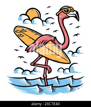 Surfer Flamingo am Strand Stock Vektor