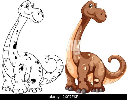 Zwei entzückende Dinosaurier, einer farbig, einer umrissen Stock Vektor