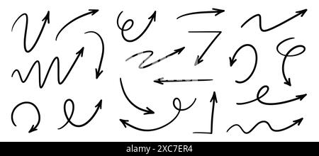 Pfeilvektor handgezeichnete Skizze Symbolsatz. Kritzelskizze Hand gezeichneter Richtungselementsatz. Zeichentrickelemente mit Bleistift-Doodle-Design. Swirl-Pfeil-Schild. Vektorabbildung. Stock Vektor