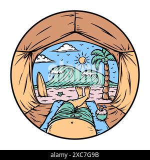 Sehen Sie den Strand aus der Illustration des Zeltes Stockfoto