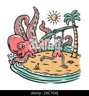 Oktopus-Angriff Schädel auf Strand-Illustration Stock Vektor