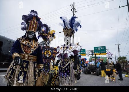 Zulu Tramps in komplexen und farbenfrohen Kostümen und Gesichtsfarbe tanzen während ihrer jährlichen Mardi Gras-Parade durch die Straßen von New Orleans. Stockfoto