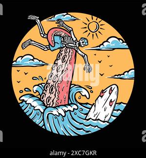Oktopus greift Surfer in der Meeresillustration an Stock Vektor
