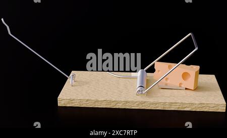 3D-Rendering von isolierter hölzerner Mausplatte und einem Stück Käse darauf Stockfoto