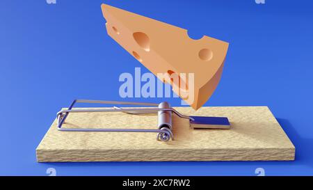 3D-Rendering von isolierter hölzerner Mausplatte und einem Stück Käse darauf Stockfoto