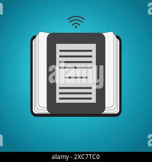 E-Book-Symbol auf einem offenen Buch mit wi-fi Stock Vektor