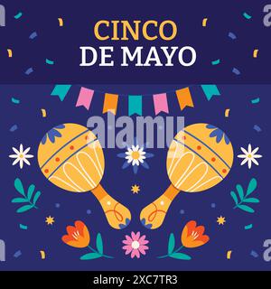 Cinco de Mayo Banner mit Maracas-Blumen und Konfetti. Stock Vektor