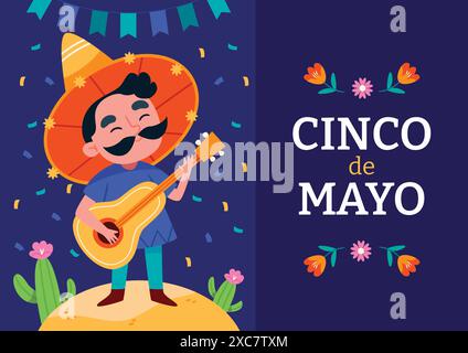 Mexikanischer Mariachi-Musiker mit Gitarre für Cinco de Mayo Urlaub. Stock Vektor