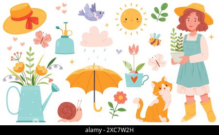 Set mit niedlichen Frühlingsillustrationen. Handzeichnung. Blumen, Regenschirm, Mädchen, Katze, Garten, Sonne. Flaches Design. Stock Vektor