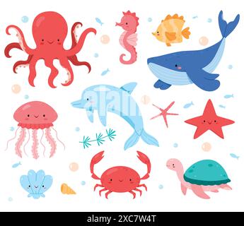 Set von Meerestieren. Niedliche Meeresfische, Tintenfische, Haie und Schildkröten, Quallen, Krabben und Robben. Unterwasserwelt Stock Vektor