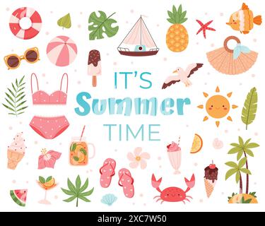 Sommer-Set mit Schriftzug und niedlichen Strandelementen, Bikinizone, tropischen Blättern, Eis, Cocktails, Flip Flops, Obst, Blumen, Palmen. Stock Vektor