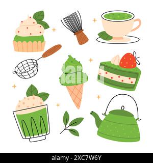 Matcha-Set. Matcha-Tee, Dessert, Latte, Sieb, Cupcake, Eis, Teekanne, Blätter. Stock Vektor