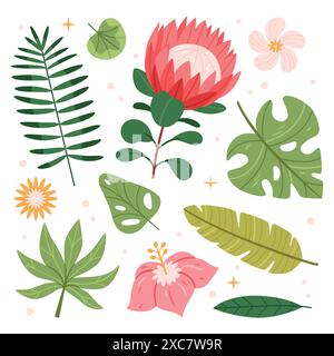 Tropische Kollektion mit exotischen Blumen und Blättern. Protea, Palm, Bananenblatt, Hibiskus, Plumeria-Blumen. Stock Vektor