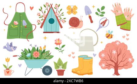 Set mit Illustrationen im Frühlingsgarten in handgezeichnetem Stil. Flaches Design. Stock Vektor