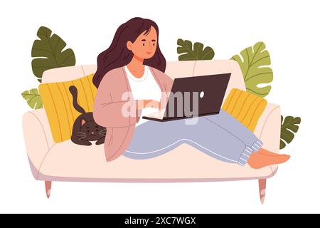 Glückliche Frau arbeitet von zu Hause aus, sitzt auf einem gemütlichen Sofa am Laptop. Junge Freiberufler, Telearbeiter, die arbeiten, online studieren, im Internet. Flacher Vect Stock Vektor