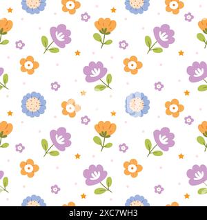 Nahtloses Muster mit Frühlingswiese, verschiedenen Wildblumen. Zarter Blumendruck, romantischer botanischer Hintergrund mit Kornblumen, anderen Blumen, Blättern Stock Vektor