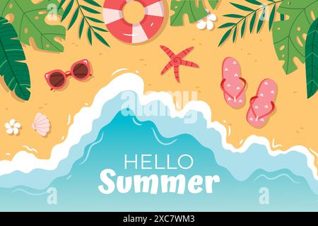 Vektor-Sommerstrand mit Sonnenschirmen, Wellen, Kokospalmen und aufblasbarem Kreis, Flip-Flops, Gläsern, Muscheln. Inschrift Hallo Summer. Stock Vektor