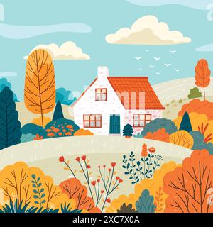 Niedliches Herbsthaus. Herbstlandschaft, Landschaft, Herbststimmung. Rustikale Häuser, gemütliche Hütten Illustration. Handzeichnung mit flachen Vektoren Stock Vektor