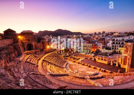 Römisches Theater in Cartagena at Sunset, Murcia, Spanien Schlüsselwörter: cartagena, spanien, römer, Theater, Luft Stockfoto