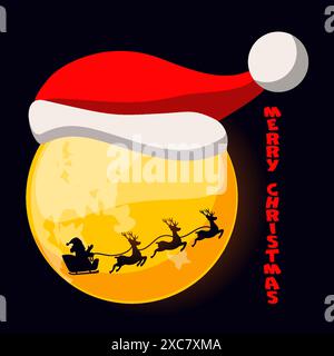 Cartoon Nachtmond mit Weihnachtsmütze und der Silhouette des Weihnachtsmanns im Schlitten. Weihnachten oder Happy New Year Stock Vektor