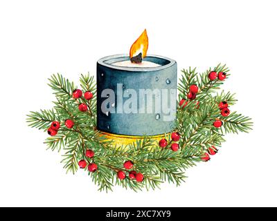 Kerze mit Tannenzweigen. Weihnachtsdekoration mit Kerze und Weihnachtsbaum. Isoliert auf weißem Hintergrund. Aquarellabbildung für verschiedene Stockfoto