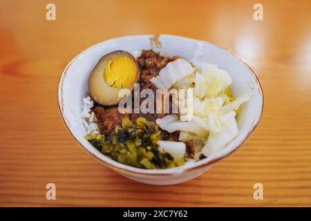 Geschmorter Fleischreis, Nahaufnahme von gedünstetem Schweinefleisch über gekochtem Reis in Taiwan. Taiwans berühmte traditionelle Street Food Delikatesse. Stockfoto